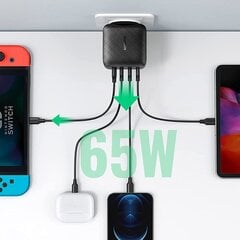 Быстрое настенное зарядное устройство Ugreen PPS 65W USB / 3x USB Type C Quick Charge 3.0 Power Delivery SCP FCP AFC (нитрид галлия), черное (CD224 70774) цена и информация | Зарядные устройства для телефонов | 220.lv