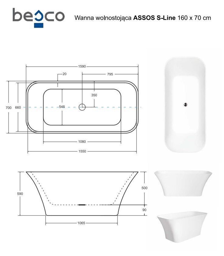 Vanna Besco Assos S-Line 160, ar Klik-klak White tīrāms no augšas цена и информация | Vannas | 220.lv