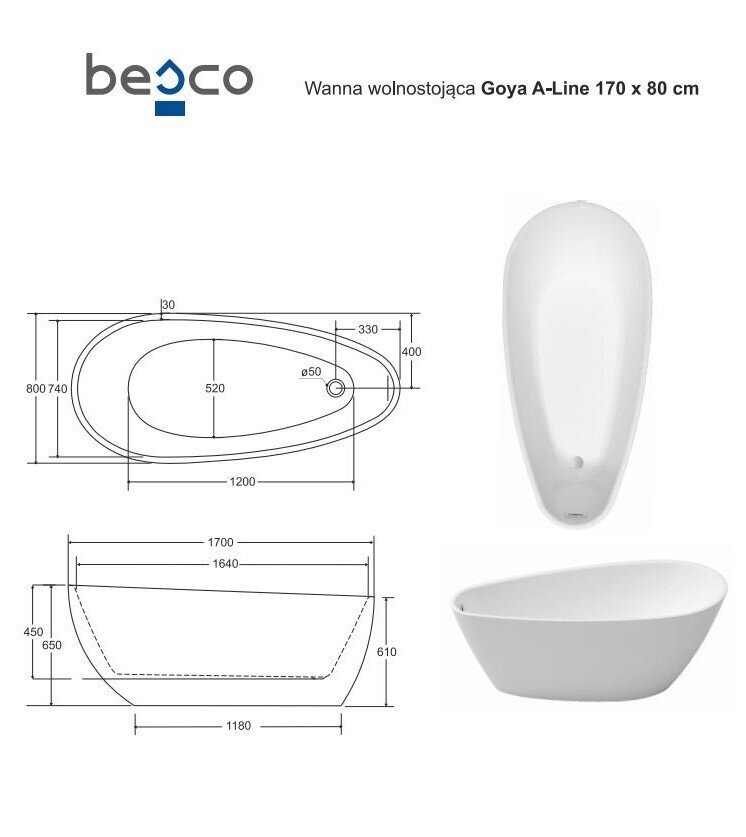 Vanna Besco Goya A-Line 170, ar baltu sifona vāciņu cena un informācija | Vannas | 220.lv
