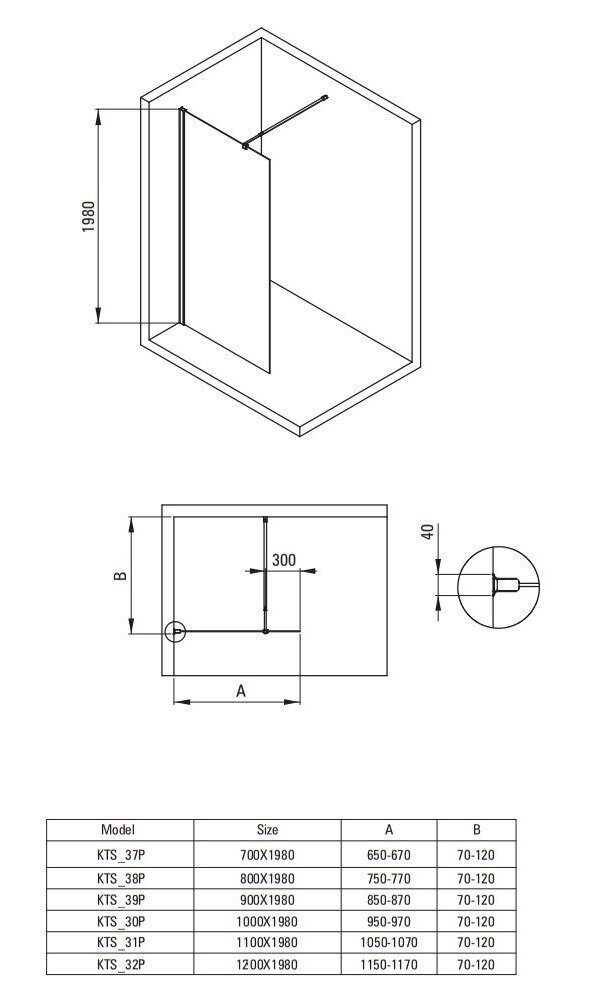 Walk-In dušas kabīne Deante Kerria Plus, 70,80,90,100,110,120 x 200 cm, Nero cena un informācija | Dušas durvis, dušas sienas | 220.lv