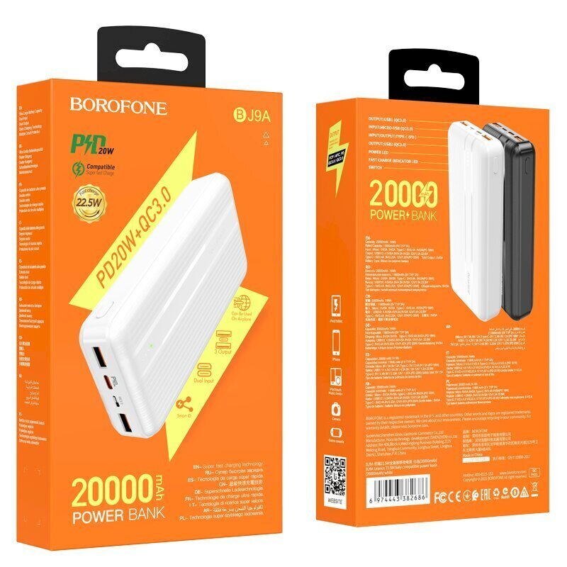 Borofone BJ9A URANUS power banka 20000 mAh / 2 x USB balta cena un informācija | Lādētāji-akumulatori (Power bank) | 220.lv