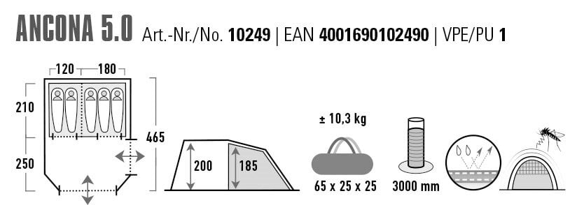 Telts High Peak Ancona 5.0 10249, pelēka цена и информация | Teltis | 220.lv