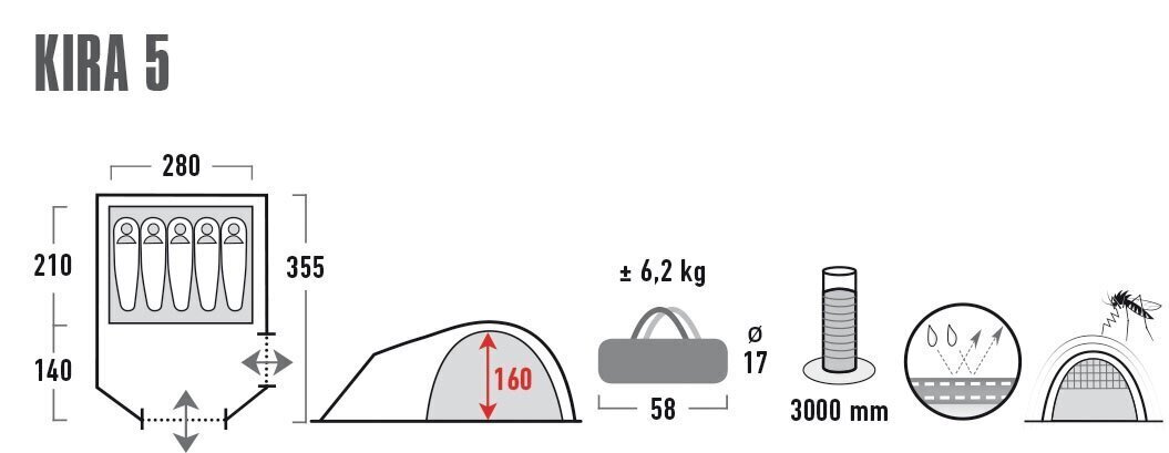 Telts High Peak Kira 5, gaiši pelēka cena un informācija | Teltis | 220.lv