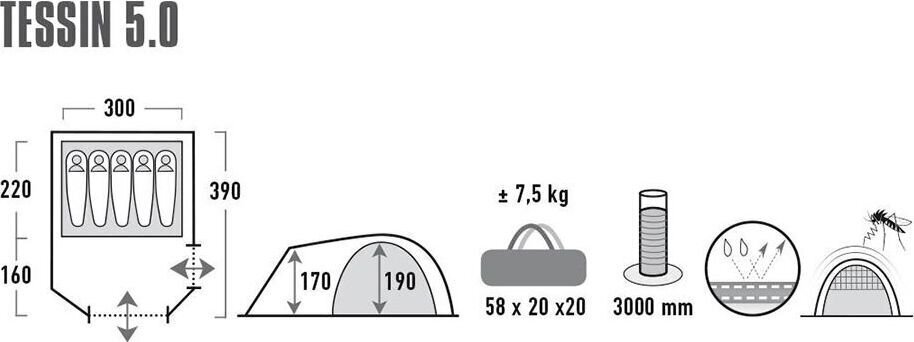 Telts High Peak Tessin 5, gaiši pelēka цена и информация | Teltis | 220.lv