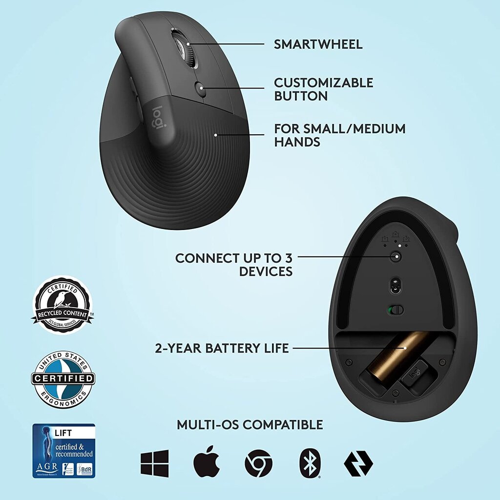 Logitech Lift Vertical Ergonomic Mouse, black - Wireless mouse цена и информация | Peles | 220.lv