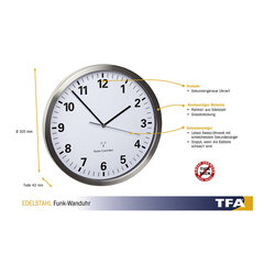 Bezvadu sienas pulkstenis TFA ar nerūsējošā tērauda rāmi 60.3523 цена и информация | Часы | 220.lv