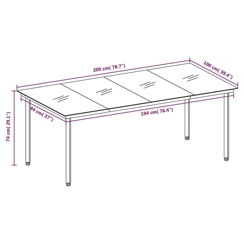 vidaXL dārza galds, melns, 200x100x74 cm, tērauds un stikls cena un informācija | Dārza galdi | 220.lv