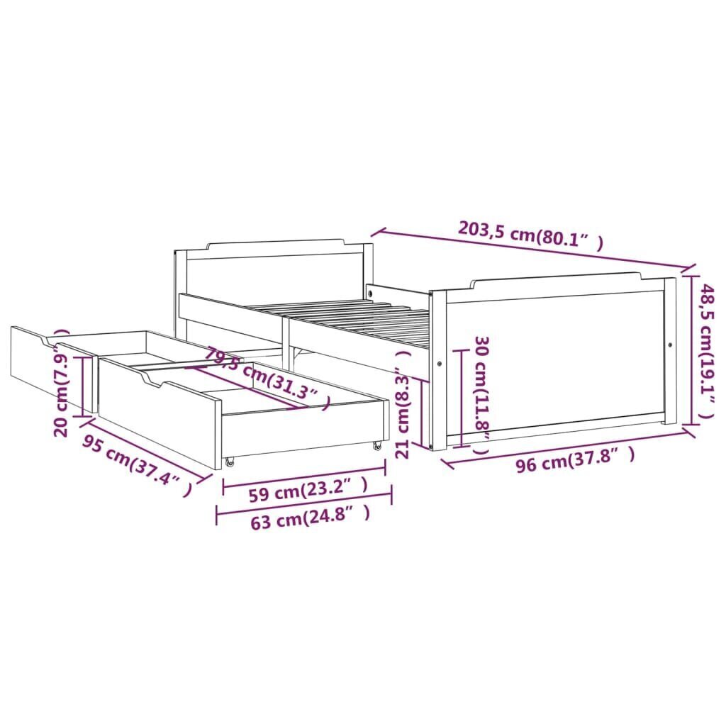 vidaXL gultas rāmis ar atvilktnēm, balts, priedes masīvkoks, 90x200 cm cena un informācija | Gultas | 220.lv