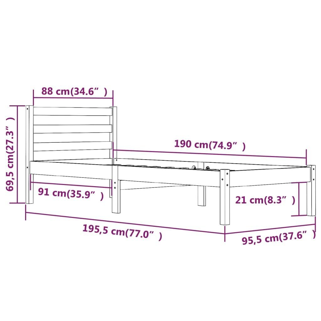 vidaXL gultas rāmis, priedes masīvkoks, 90x190 cm, 3FT cena un informācija | Gultas | 220.lv