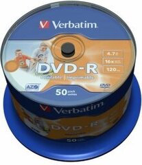 Matricas DVD-R AZO Verbatim 4.7GB 16x Wide Printable non ID,50 Pack Spindle цена и информация | Виниловые пластинки, CD, DVD | 220.lv