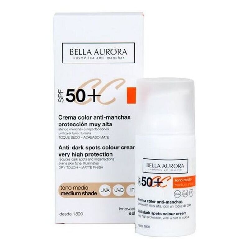 Krēms pret brūniem pleķiem Bella Aurora CC Cream Spf 50+ Vidējs signāls (30 ml) cena un informācija | Sejas krēmi | 220.lv