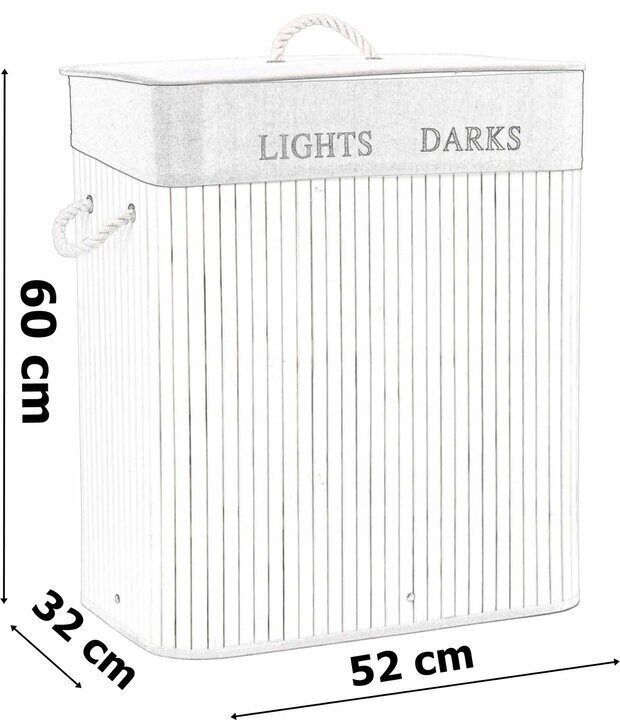 Bambusa veļas grozs,100l, 2 nodalījumi, balti pelēks cena un informācija | Vannas istabas aksesuāri | 220.lv