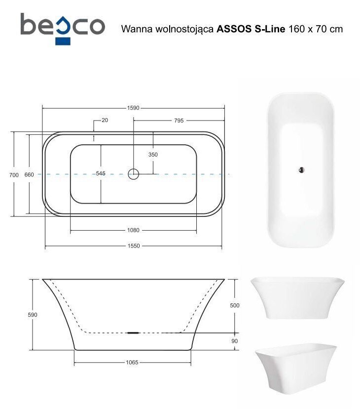 Vanna Besco Assos S-Line 160, ar Klik-klak Chrome tīrāms no augšas cena un informācija | Vannas | 220.lv
