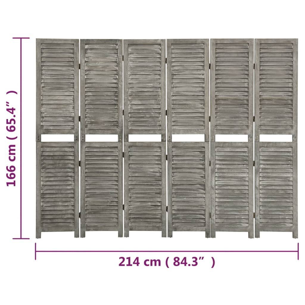 vidaXL 6-paneļu istabas aizslietnis, 214x166 cm, pelēks masīvkoks cena un informācija | Aizslietņi | 220.lv