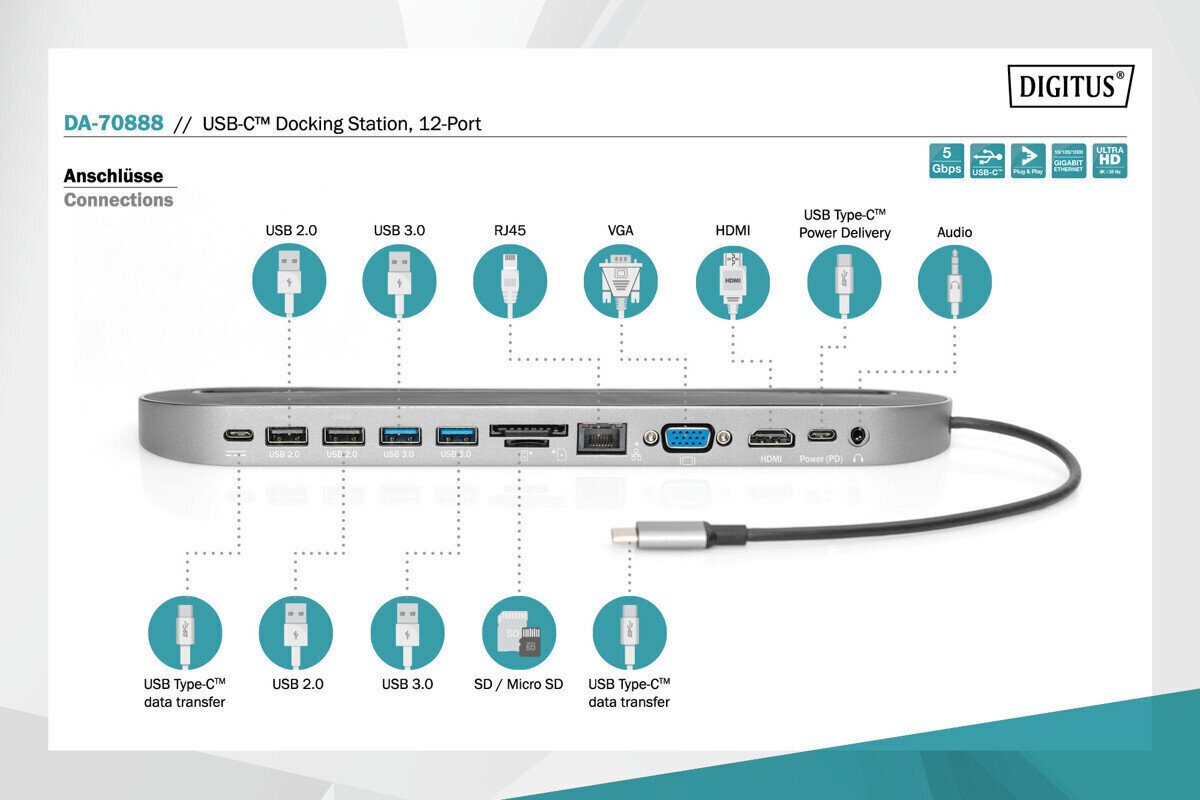 Digitus USB-C dokstacija cena un informācija | Adapteri un USB centrmezgli | 220.lv