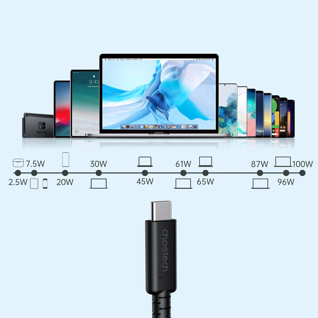 Kabelis Choetech USB4, USB-C - USB-C, 40Gbps, 100W, 20V/ 5A, 8K/ 60HZ, 0.8m cena un informācija | Savienotājkabeļi | 220.lv