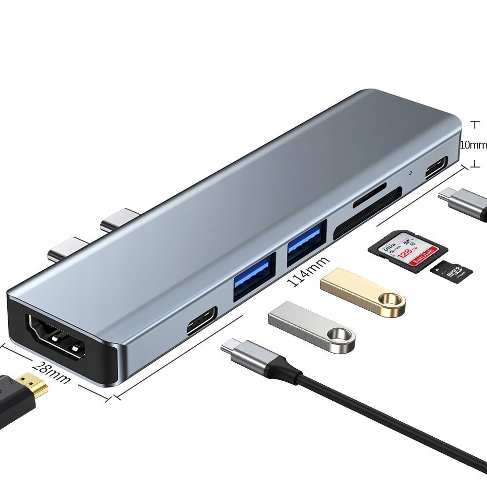 USB adapteris Apple Macbook Klēpjdatoriem 8-in-1 (2x USB 3.0, SD, HDMI, Type-C) cena un informācija | Adapteri un USB centrmezgli | 220.lv