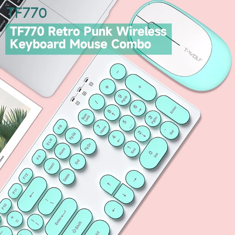 T-Wolf TF770 Retro Punk PC 2.4Ghz Bezvadu klaviatūra (EN) Klusas pogas + Pele - komplekts, zila & balta cena un informācija | Klaviatūras | 220.lv