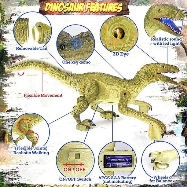 Dinozaurs Velociraptor ar tālvadības pulti, skaņas un gaismas efektiem cena un informācija | Rotaļlietas zēniem | 220.lv