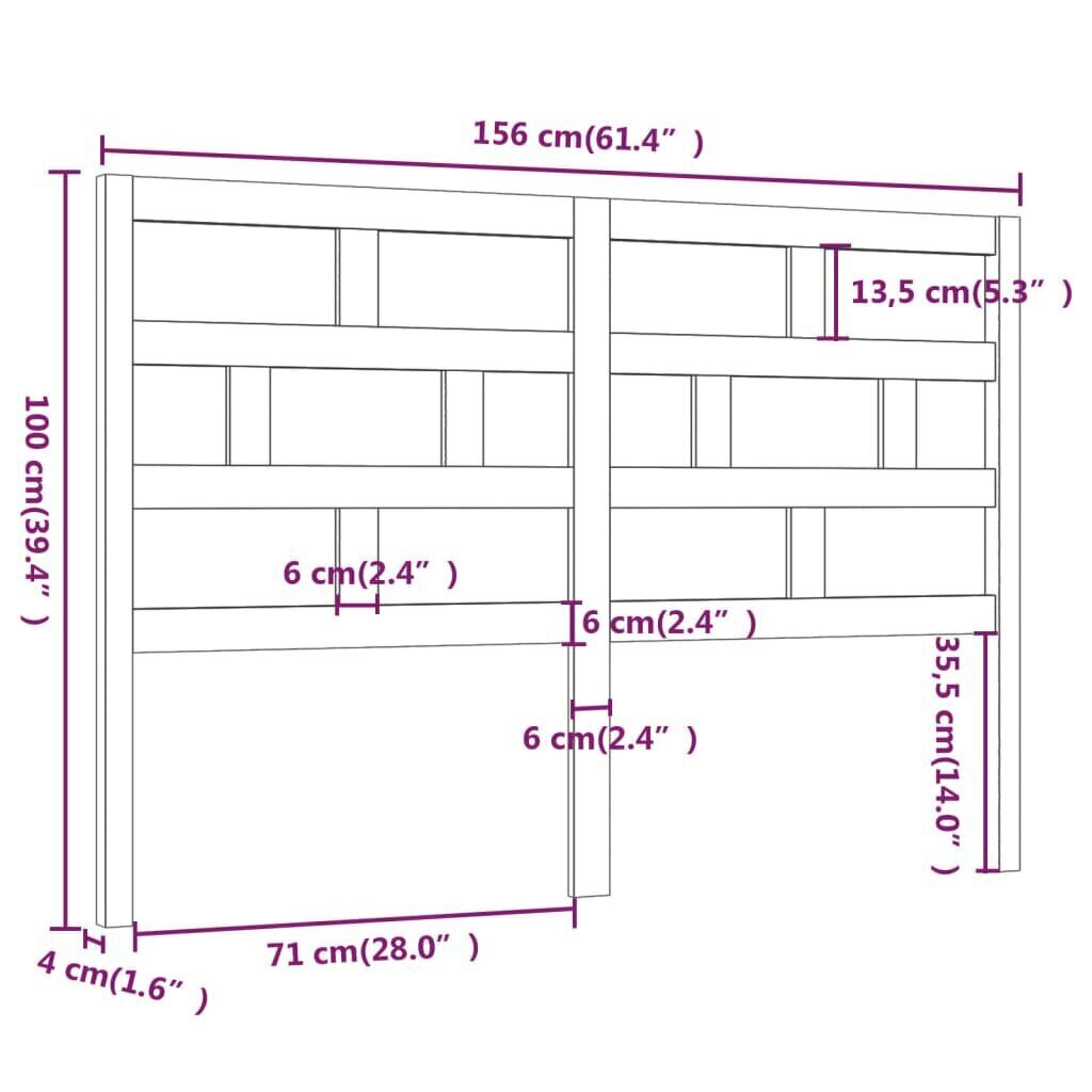 vidaXL gultas galvgalis, 156x4x100 cm, priedes masīvkoks cena un informācija | Gultas | 220.lv