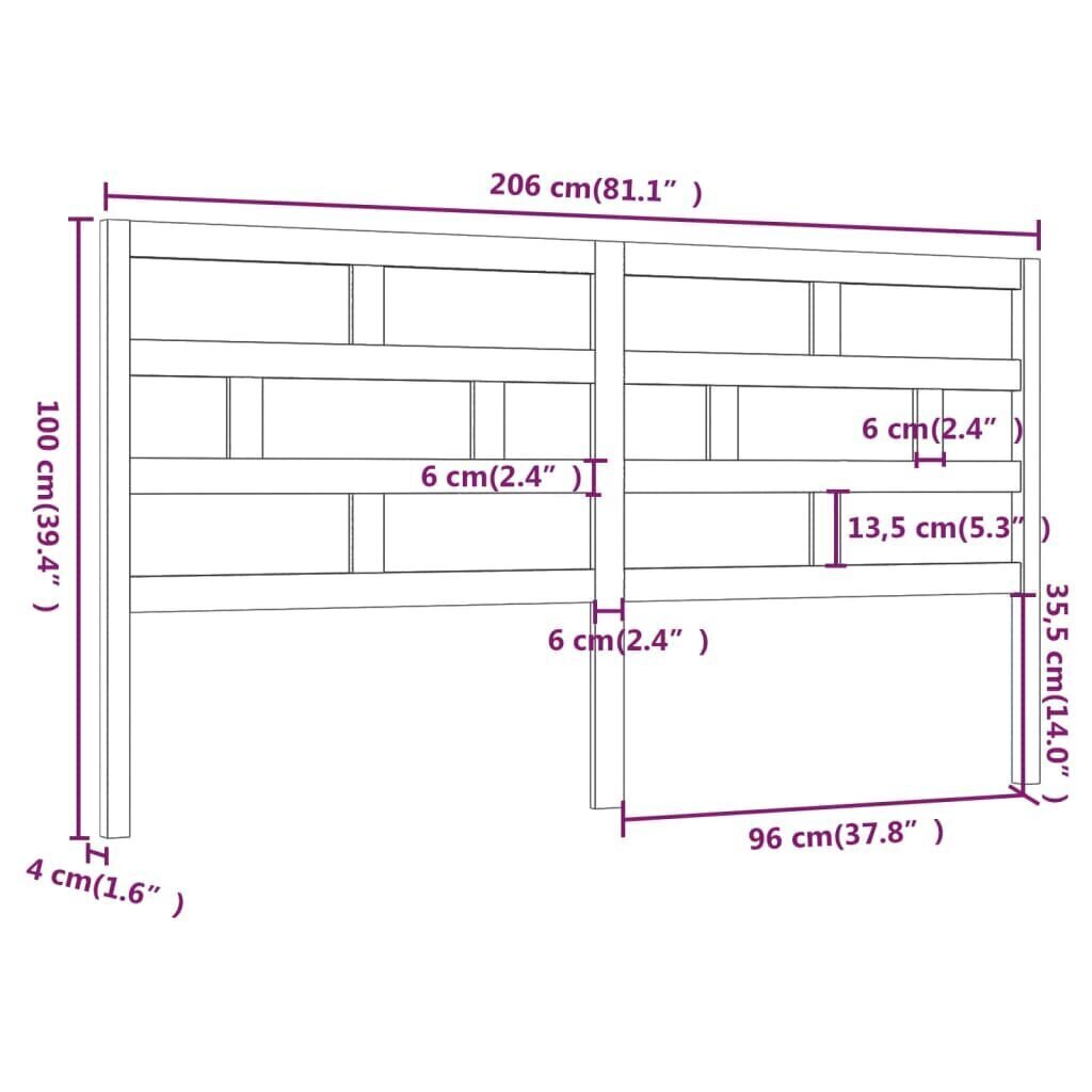 vidaXL gultas galvgalis, pelēks, 206x4x100 cm, priedes masīvkoks cena un informācija | Gultas | 220.lv