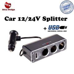 Ex Line Car 12/24V Socket splitter + USB 500mAh (auto strāvas 12/24V ligzdas sadalītājs no 1 uz 3 ar vadu) cena un informācija | Lādētāji un adapteri | 220.lv