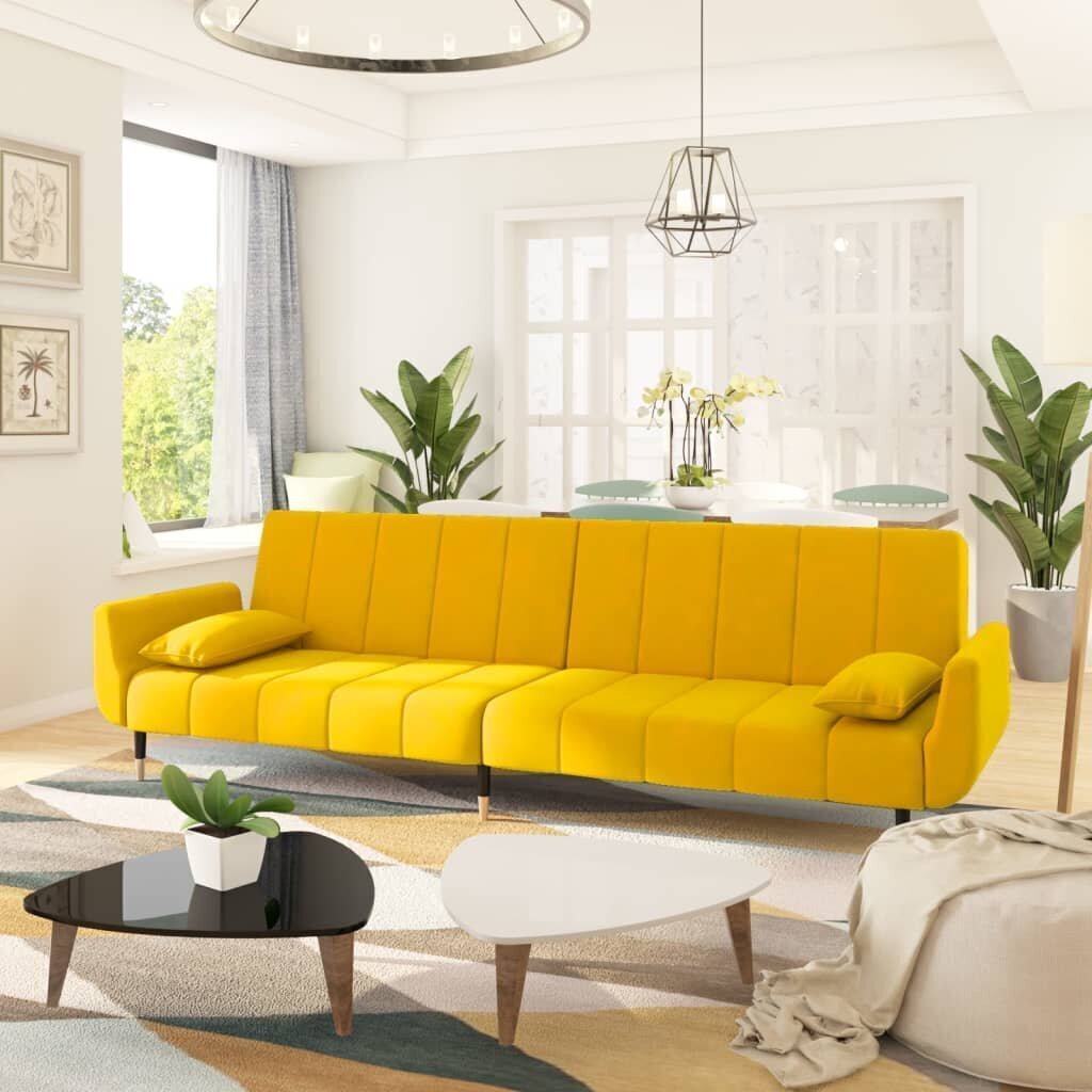 vidaXL 2-vietīga dīvāngulta ar diviem spilveniem, dzeltens samts cena un informācija | Dīvāni | 220.lv
