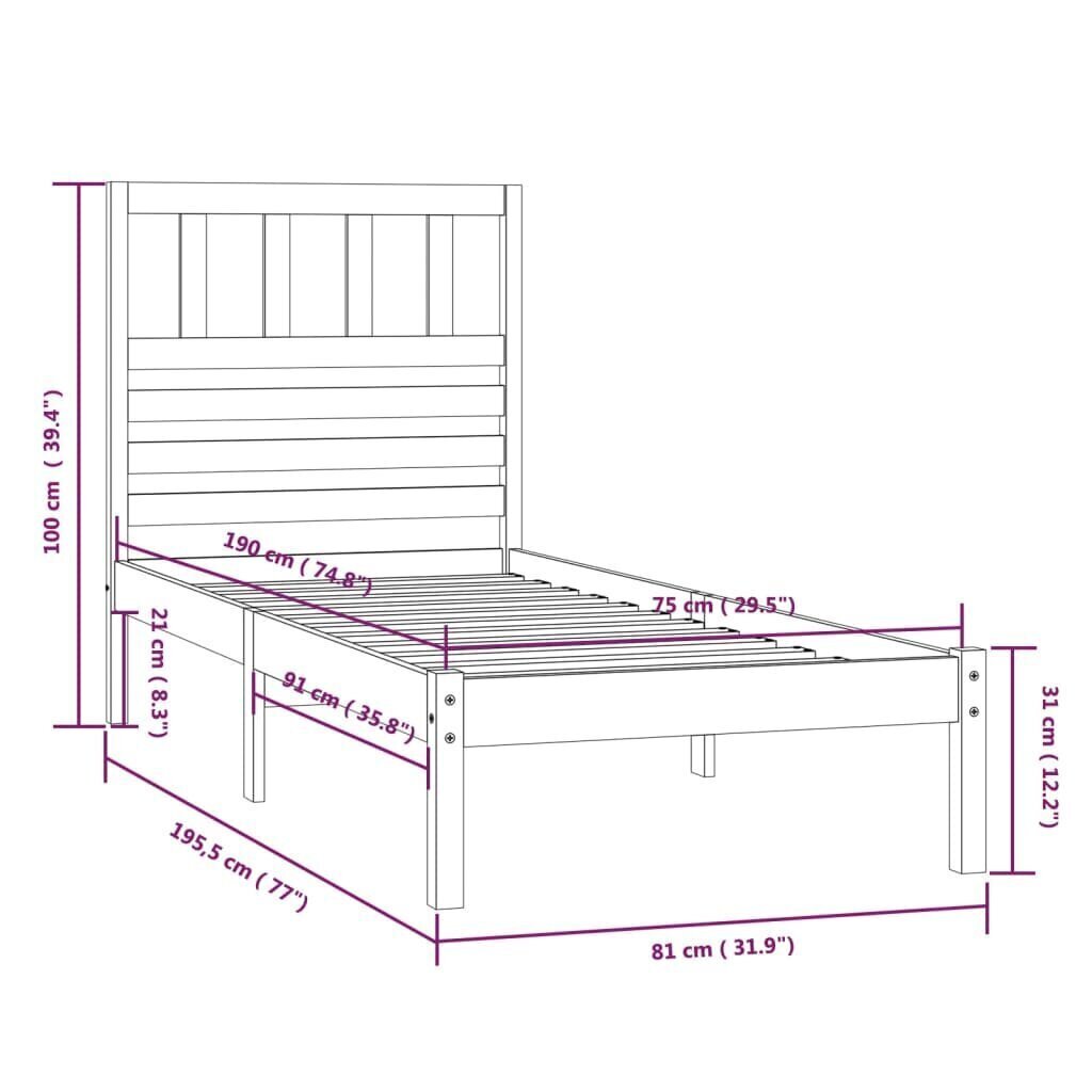 vidaXL gultas rāmis, priedes masīvkoks, 75x190 cm, 2FT6, vienvietīgs cena un informācija | Gultas | 220.lv