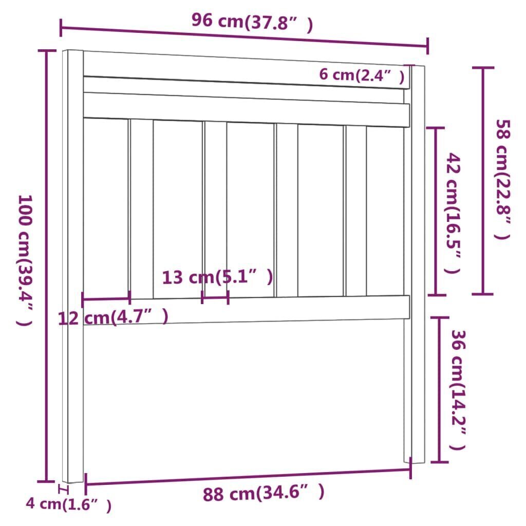 vidaXL gultas galvgalis, balts, 96x4x100 cm, priedes masīvkoks cena un informācija | Gultas | 220.lv