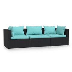 vidaXL trīsvietīgs dīvāns ar matračiem, melna PE rotangpalma цена и информация | скамейка со столиком | 220.lv