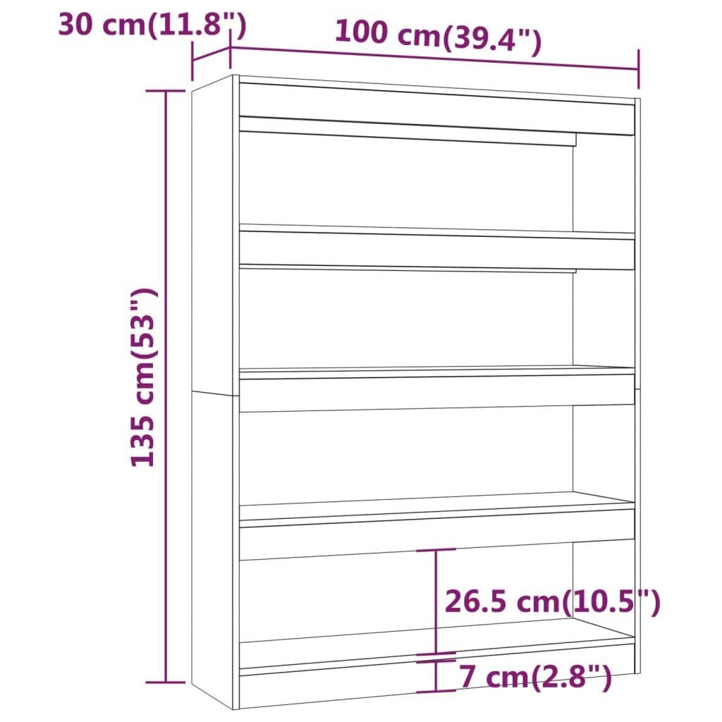 vidaXL grāmatu plaukts, pelēcīga ozolkoka krāsa, 100x30x135 cm cena un informācija | Plaukti | 220.lv