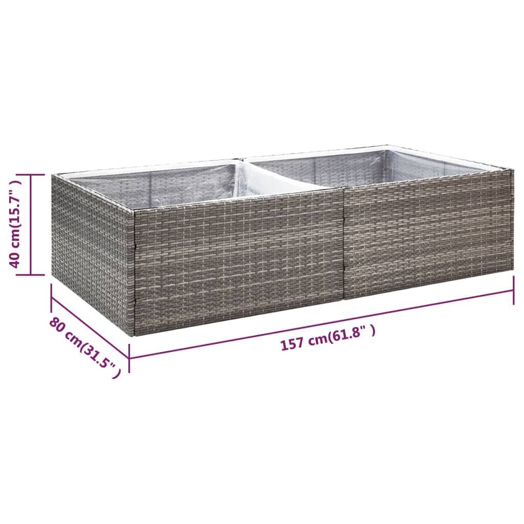 vidaXL dārza puķu kaste, 157x80x40 cm, pelēka polietilēna rotangpalma cena un informācija | Balkona kastes | 220.lv