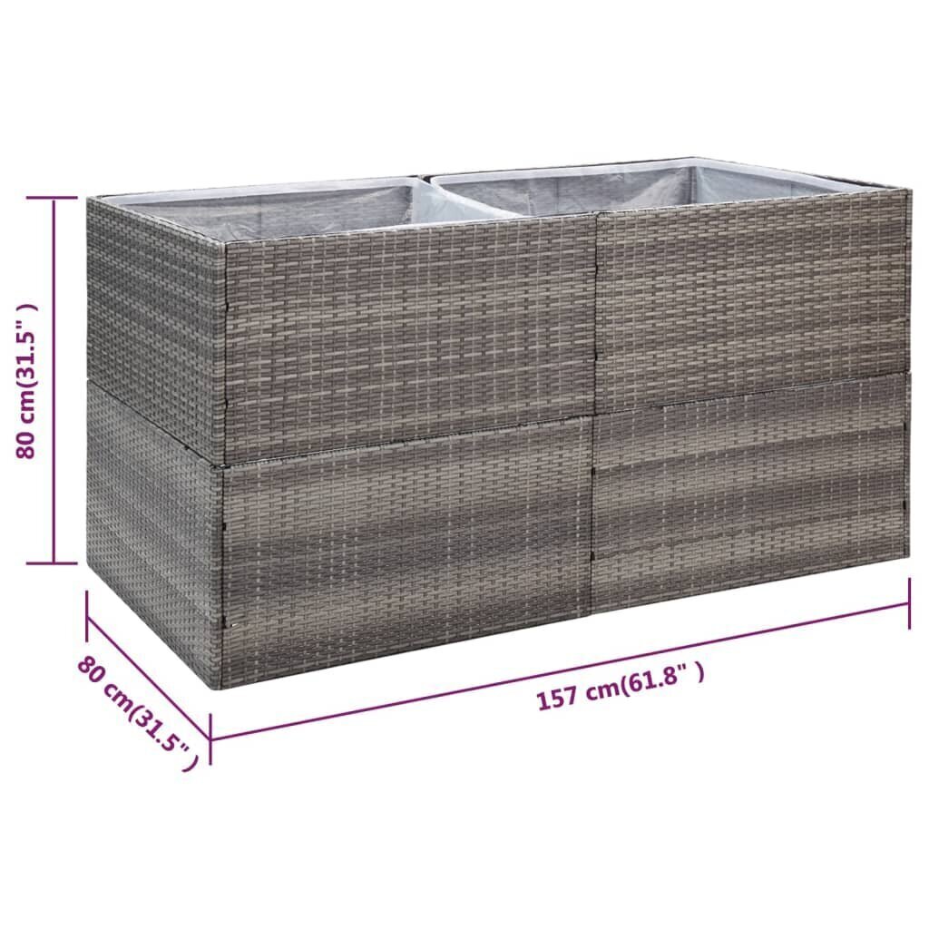 vidaXL dārza puķu kaste, 157x80x80 cm, pelēka polietilēna rotangpalma cena un informācija | Balkona kastes | 220.lv