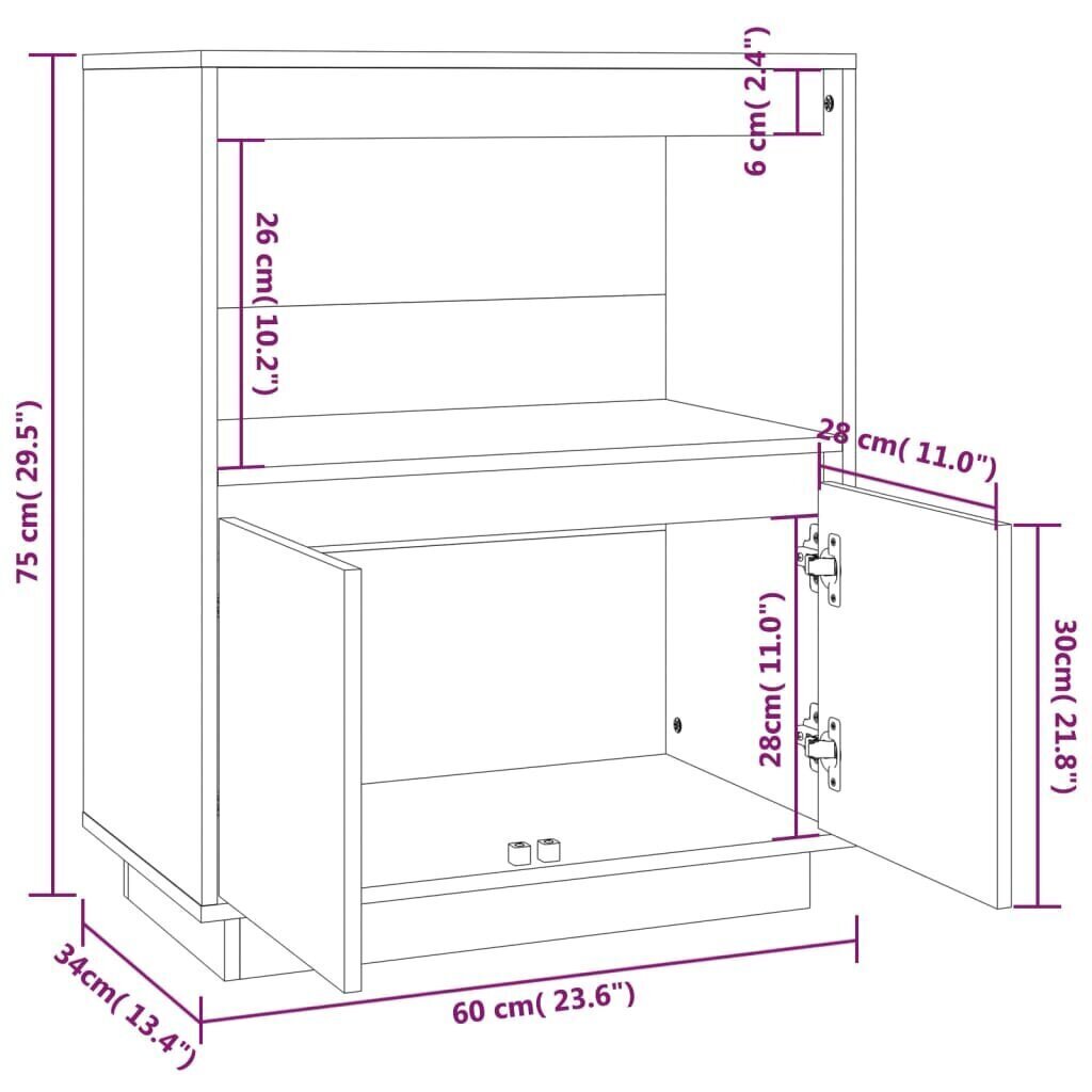 vidaXL kumode, pelēka, 60x34x75 cm, priedes masīvkoks cena un informācija | Skapīši viesistabai | 220.lv