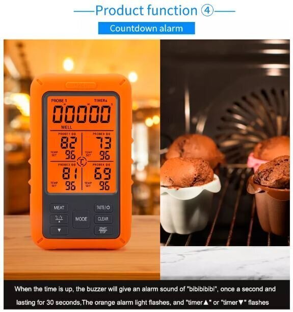 Ūdensnecaurlaidīgs bezvadu virtuves/gaļas termometrs ar 4 zondēm cena un informācija | Grila, barbekjū piederumi un aksesuāri | 220.lv