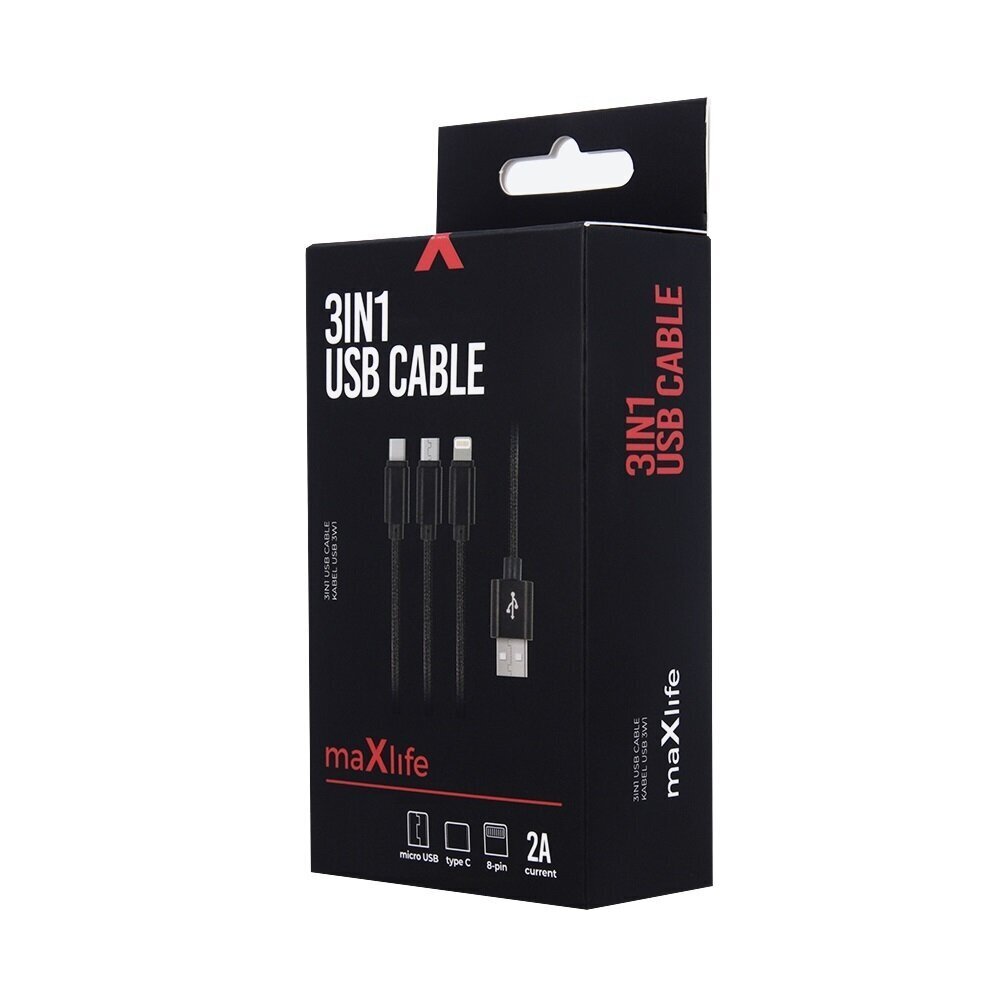 Maxlife 3in1 cable USB - Lightning + USB-C + microUSB 1,0 m 2,1A black nylon цена и информация | Savienotājkabeļi | 220.lv