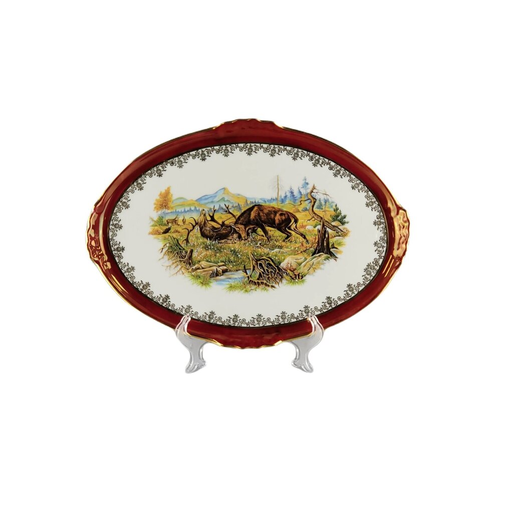 Queens Crown porcelāna servīzes trauks "Medības" (Brieži) sarkanā krāsā Izmērs 36x25 cm. цена и информация | Trauki, šķīvji, pusdienu servīzes | 220.lv