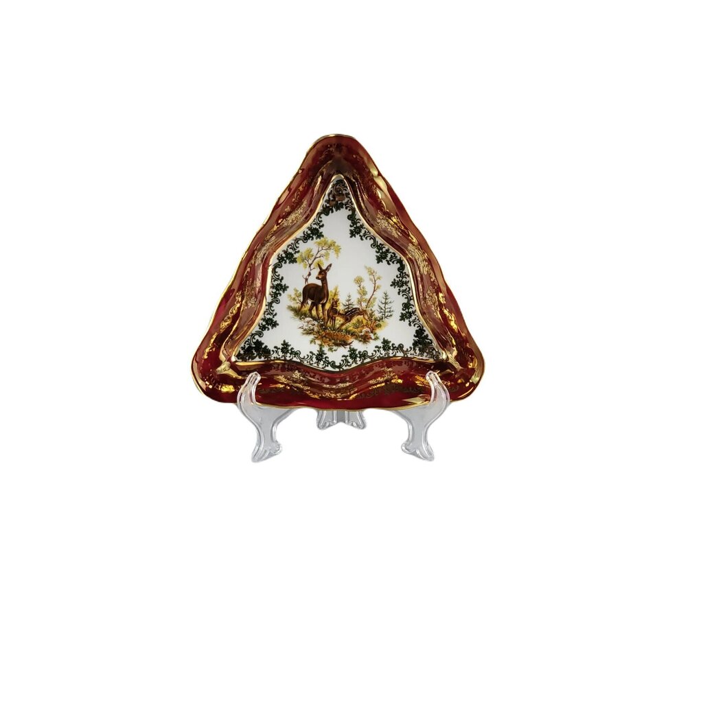 Queens Crown porcelāna trīsstūrveida servēšanas bļoda, "Medības" (stirna) sarkanā krāsā Izmērs 20 cm. cena un informācija | Trauki, šķīvji, pusdienu servīzes | 220.lv