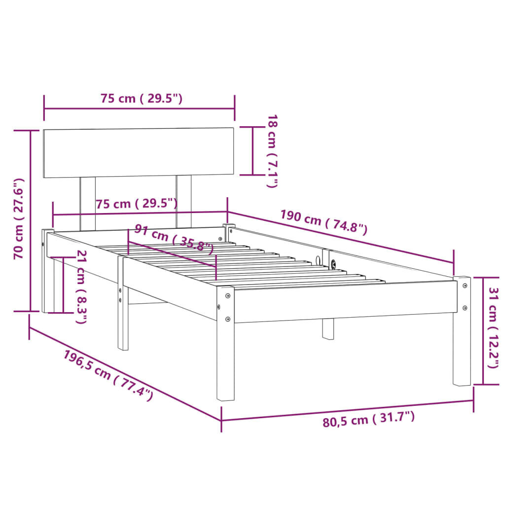 vidaXL gultas rāmis, melns, priedes masīvkoks, 75x190 cm цена и информация | Gultas | 220.lv