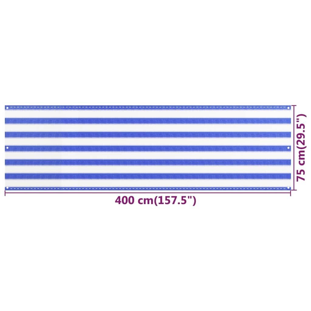 VidaXL balkona aizslietnis, 75x400 cm, zils un balts HDPE цена и информация | Saulessargi, markīzes un statīvi | 220.lv