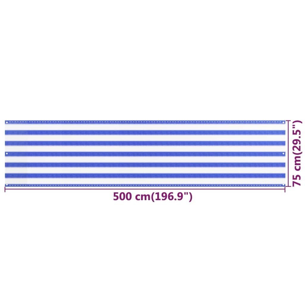 vidaXL balkona aizslietnis, 75x500 cm, zils un balts HDPE cena un informācija | Saulessargi, markīzes un statīvi | 220.lv