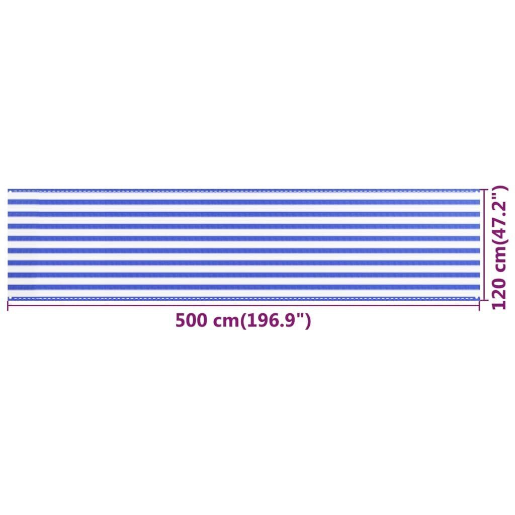 VidaXL balkona aizslietnis, 120x500 cm, zils un balts, HDPE cena un informācija | Saulessargi, markīzes un statīvi | 220.lv