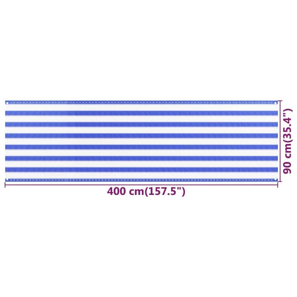 VidaXL balkona aizslietnis, 90x400 cm, zils un balts HDPE cena un informācija | Saulessargi, markīzes un statīvi | 220.lv