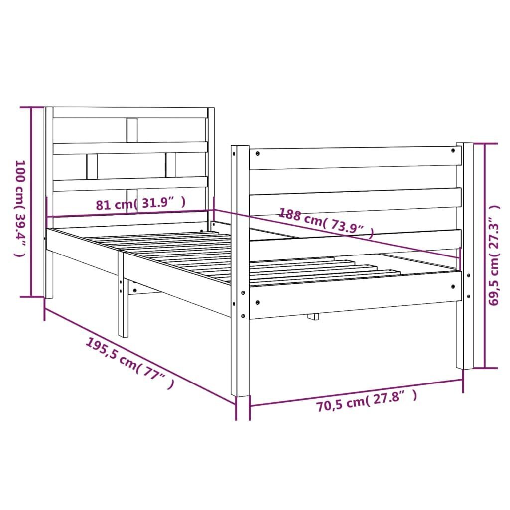 vidaXL gultas rāmis, balts, masīvkoks, 75x190 cm, 2FT6, vienvietīgs cena un informācija | Gultas | 220.lv