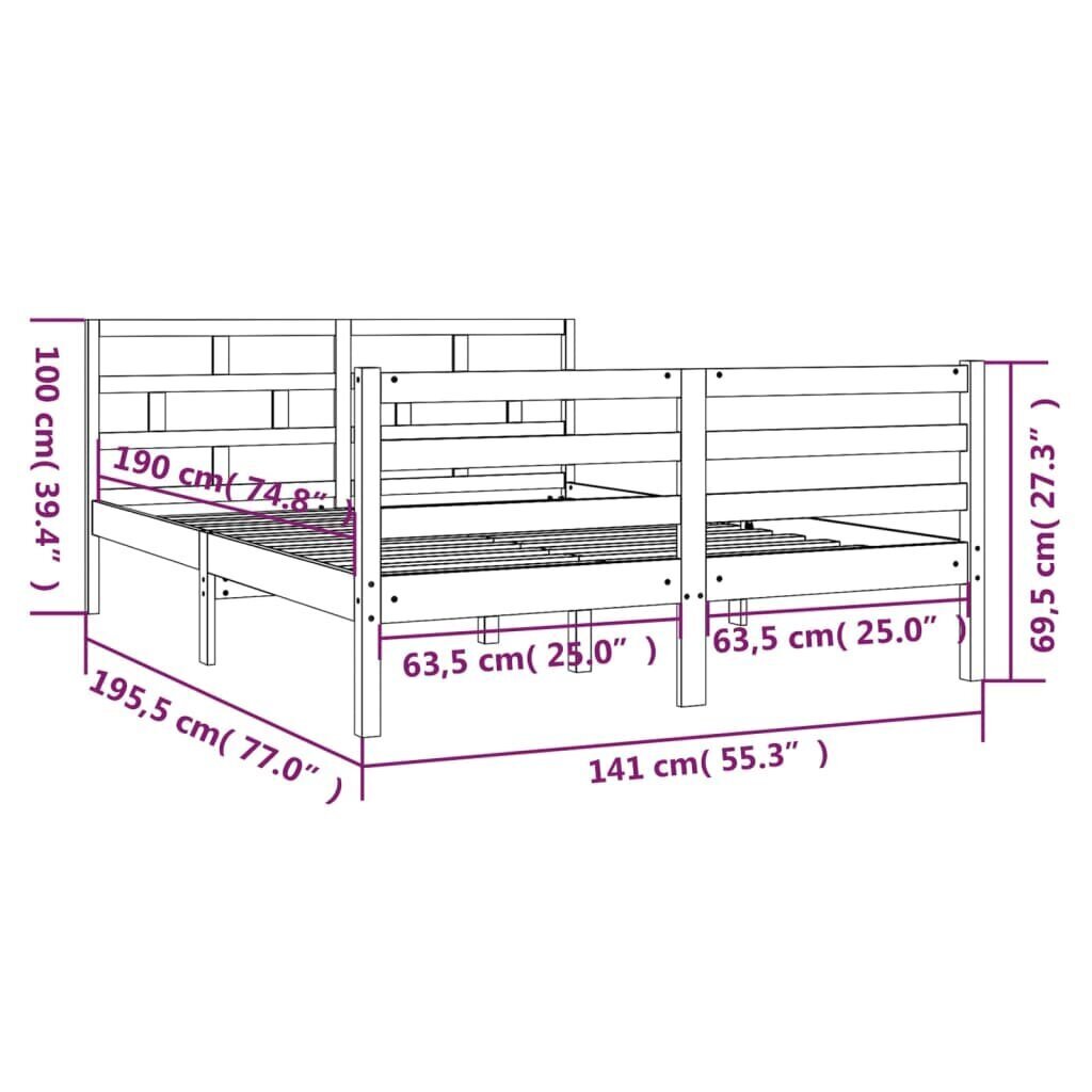 vidaXL gultas rāmis, masīvkoks, 135x190 cm, 4FT6, divvietīgs cena un informācija | Gultas | 220.lv