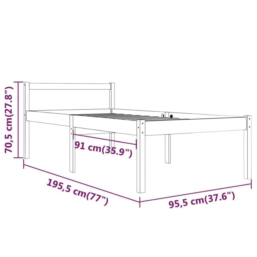 vidaXL gultas rāmis, priedes masīvkoks, 90x190 cm, 3FT, vienvietīgs cena un informācija | Gultas | 220.lv