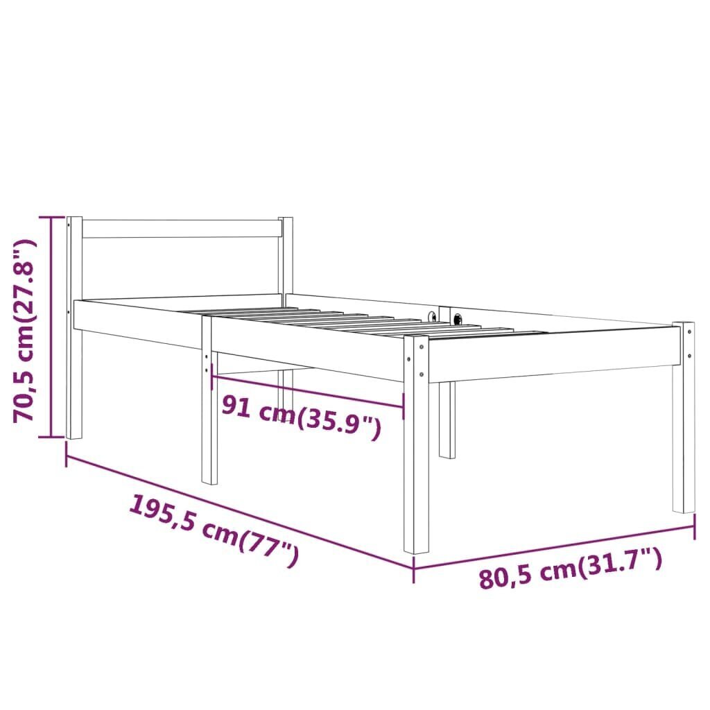 vidaXL gultas rāmis, balts masīvkoks, 75x190 cm, mazs, vienvietīgs cena un informācija | Gultas | 220.lv