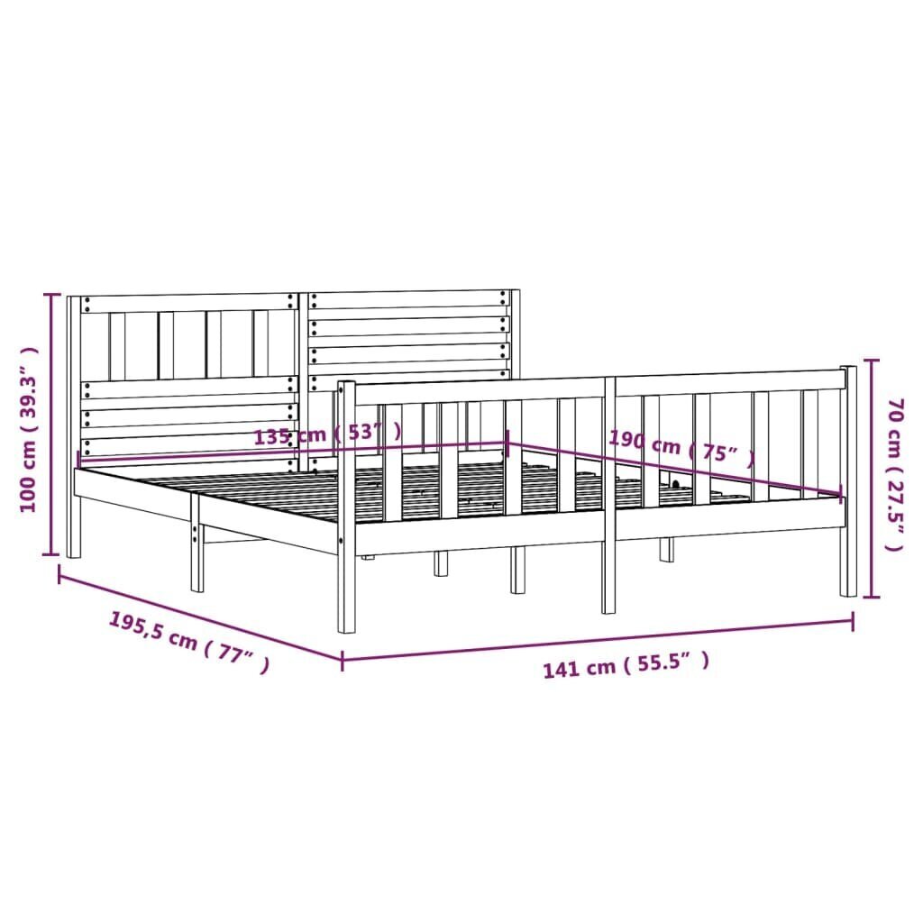 vidaXL gultas rāmis, balts, masīvkoks, 135x190 cm, 4FT6, divvietīgs cena un informācija | Gultas | 220.lv