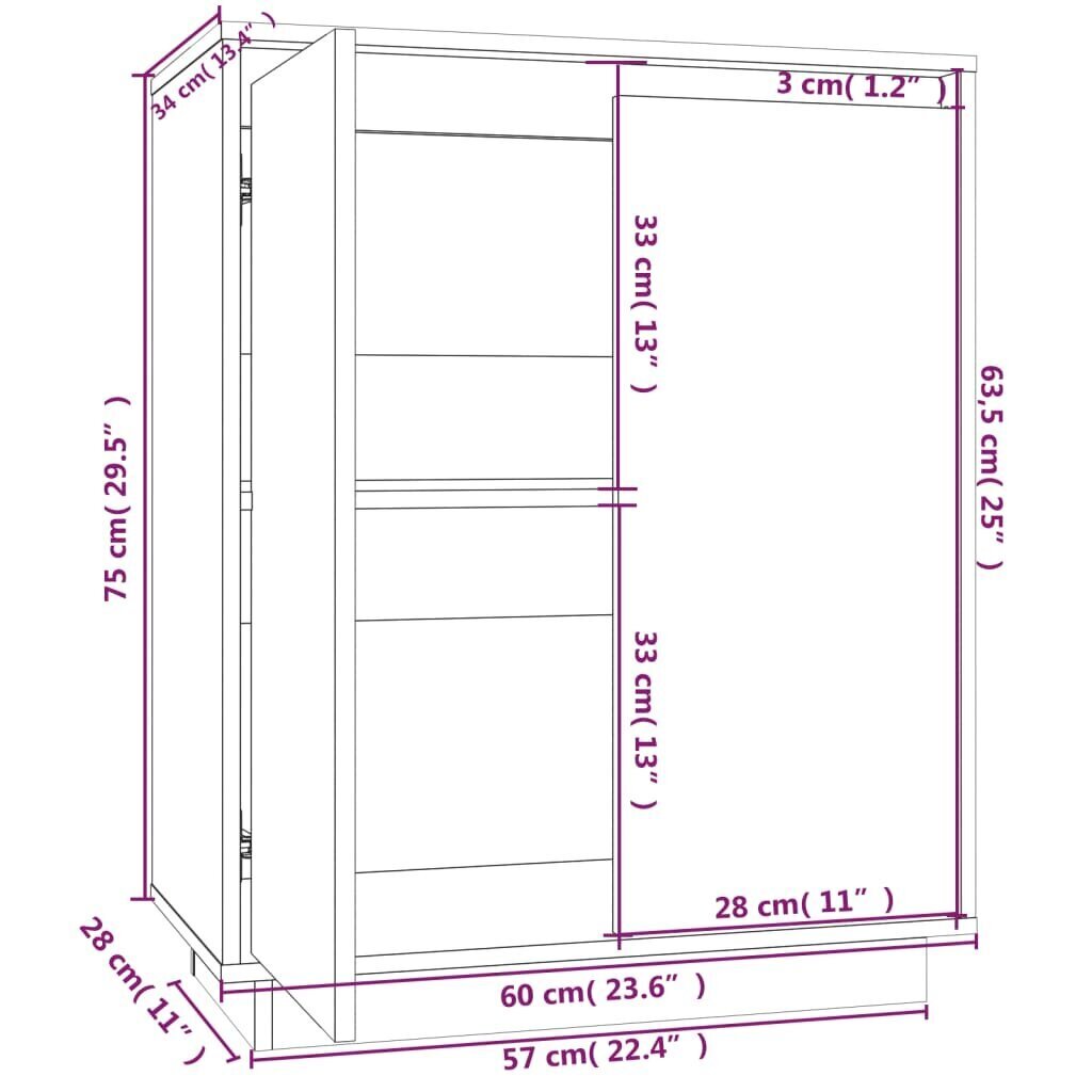 vidaXL kumode, balta, 60x34x75 cm, priedes masīvkoks cena un informācija | Skapīši viesistabai | 220.lv