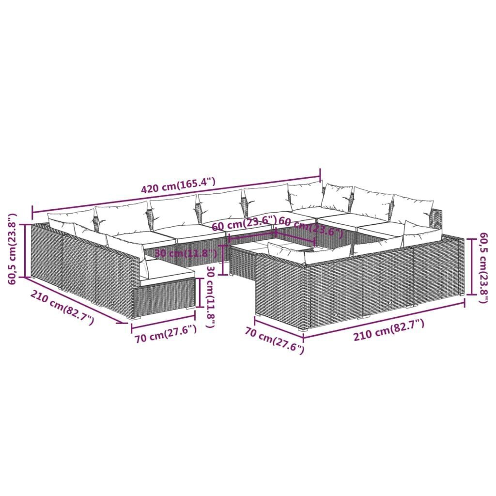 VidaXL 14-daļīgs dārza mēbeļu komplekts, matrači, melna PE rotangpalma cena un informācija | Dārza mēbeļu komplekti | 220.lv
